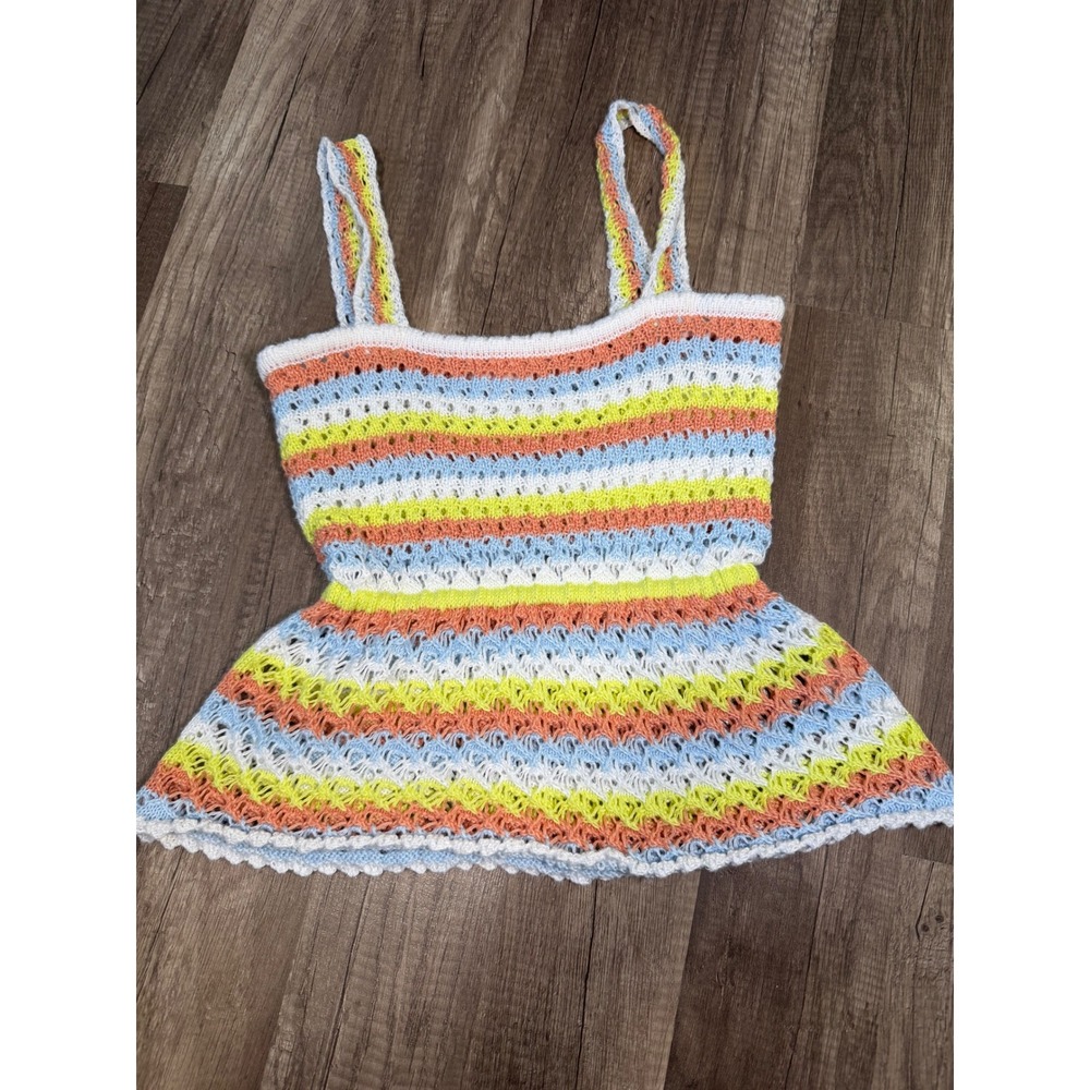 Pop Girl Girls Crochet Knit Striped Tank Top Peplum Hem Multi Color Size M 8-10